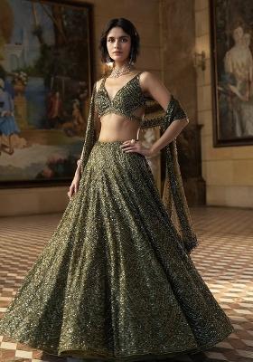 Green Sequin Work Chinon Lehenga Set
