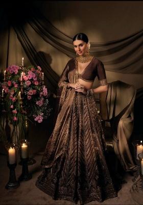 Brown Sequin Work Silk Lehenga Set