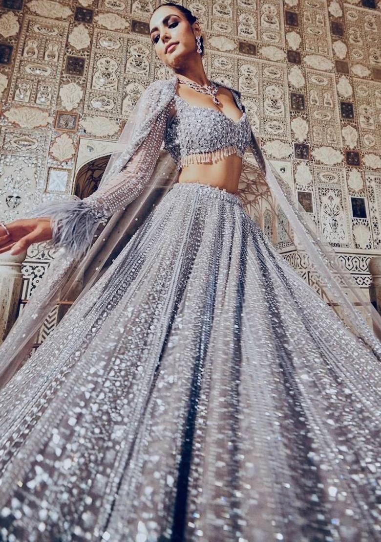 Brown Sequin Work Silk Lehenga Set - Indya