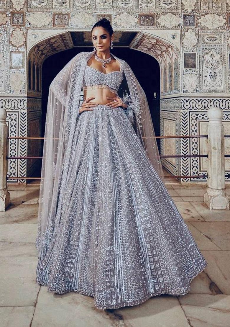 Brown Sequin Work Silk Lehenga Set - Indya