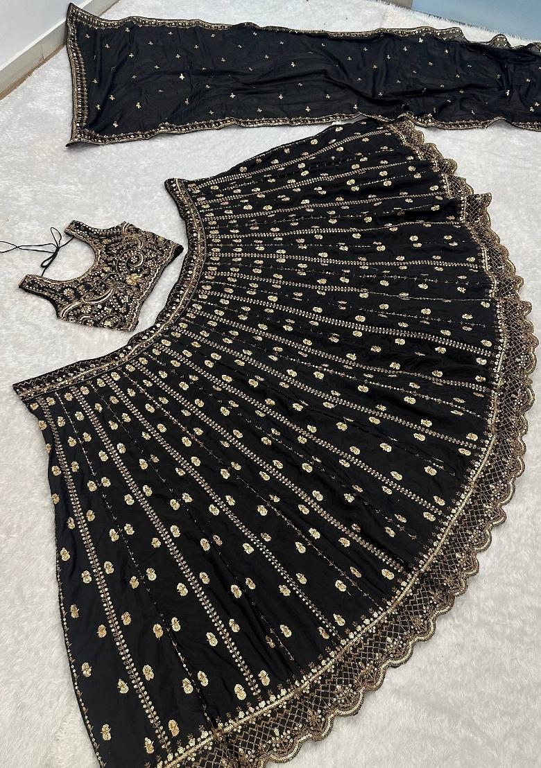 Black Zari Work Silk Lehenga Set - Indya