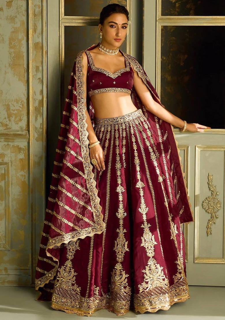 Maroon Zari Work Silk Lehenga Set - Indya