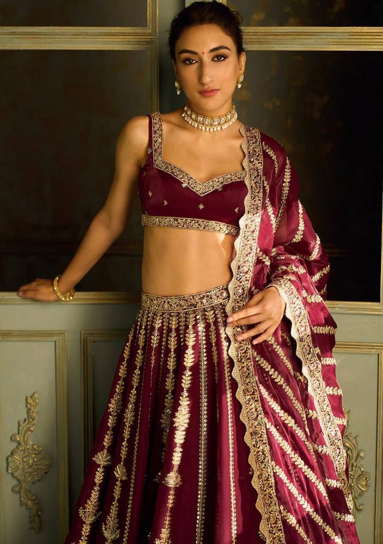 Maroon Zari Work Silk Lehenga Set - Indya