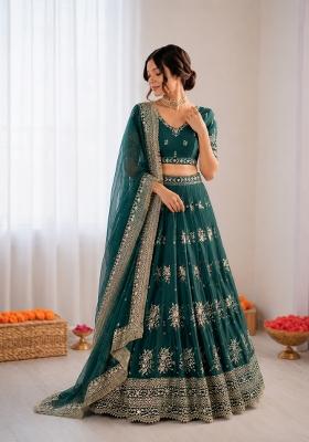 Green Embroidered Crepe Lehenga Set