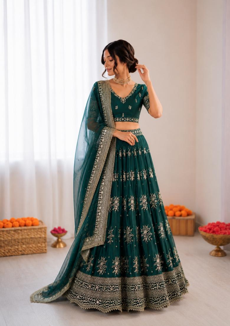 Green Embroidered Crepe Lehenga Set - Indya