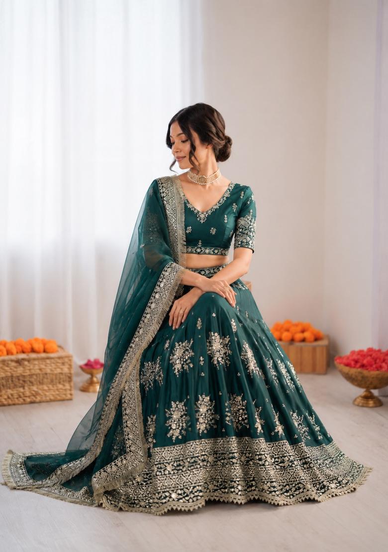 Green Embroidered Crepe Lehenga Set - Indya