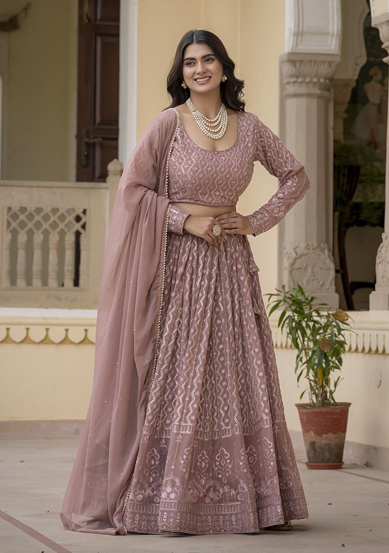 Rosy Brown Embroidered Georgette Lehenga Set - Indya
