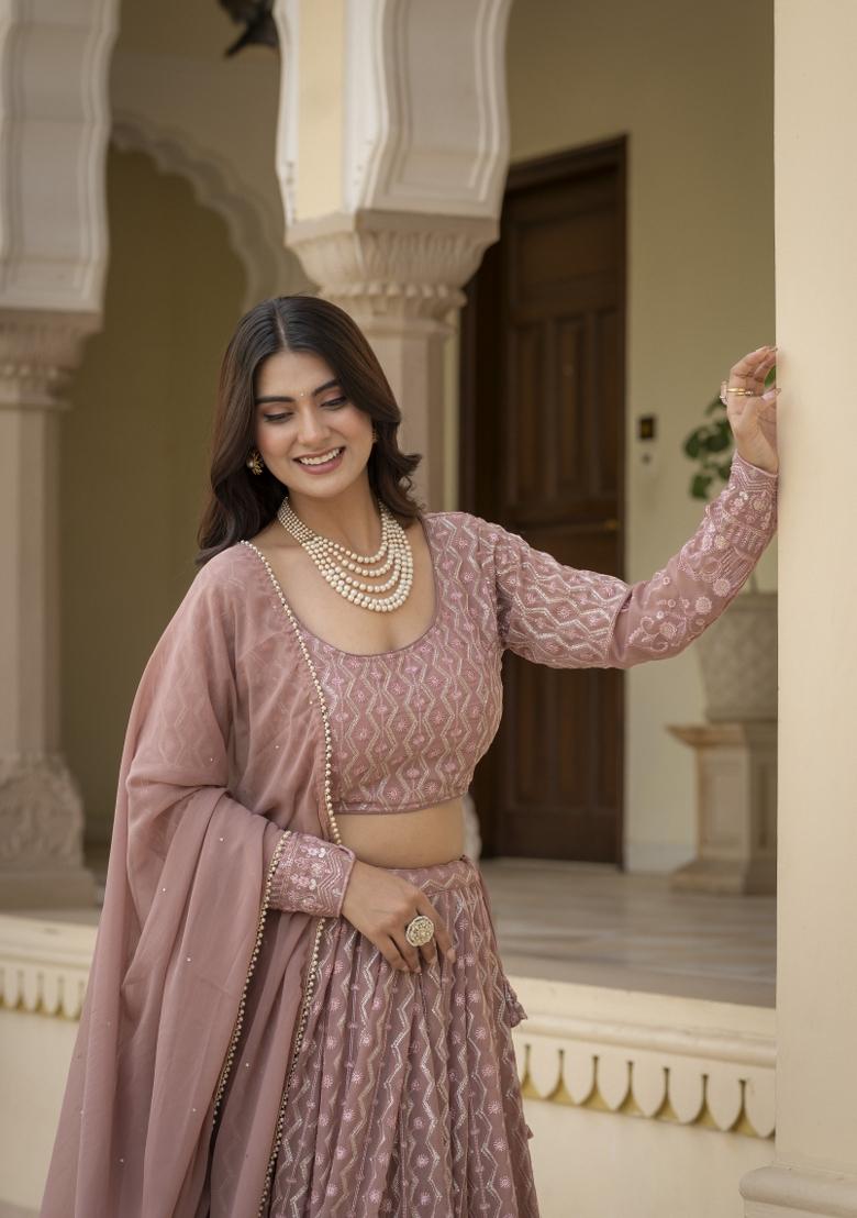 Rosy Brown Embroidered Georgette Lehenga Set - Indya