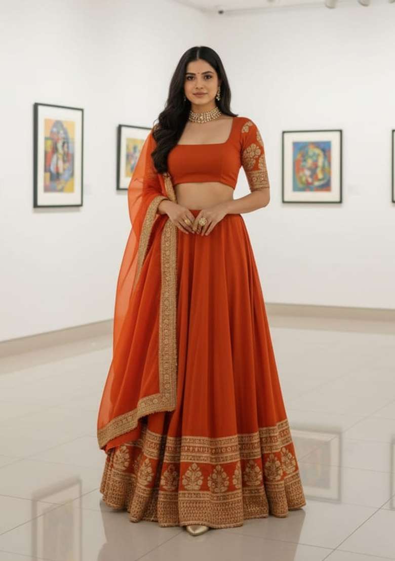 Orange Embroidered Georgette Lehenga Set for Diwali and Festive Wear - Indya