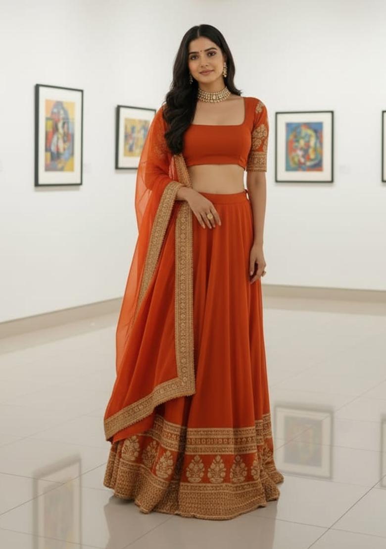 Orange Embroidered Georgette Lehenga Set - Indya