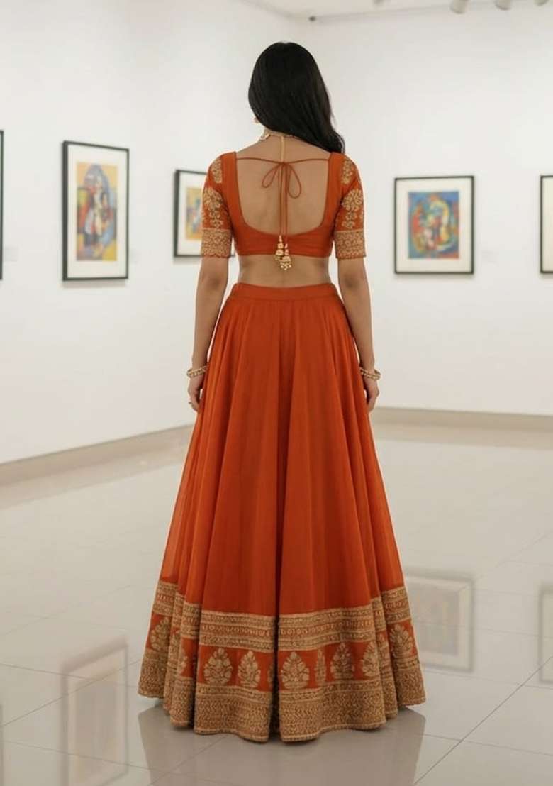 Orange Embroidered Georgette Lehenga Set for Diwali and Festive Wear - Indya