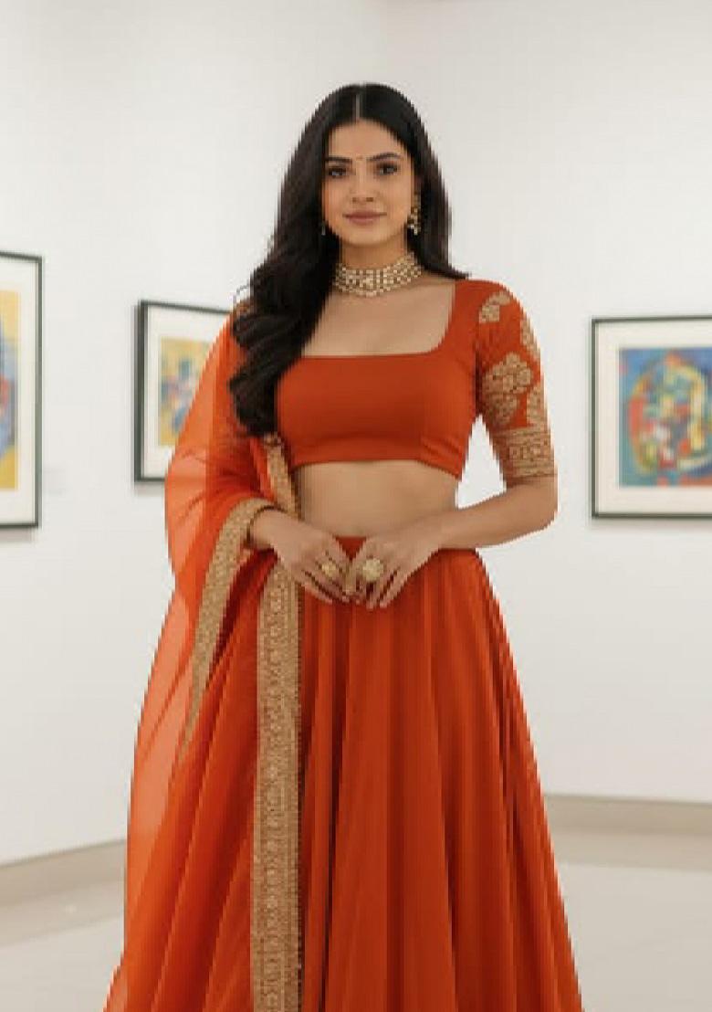Orange Embroidered Georgette Lehenga Set - Indya