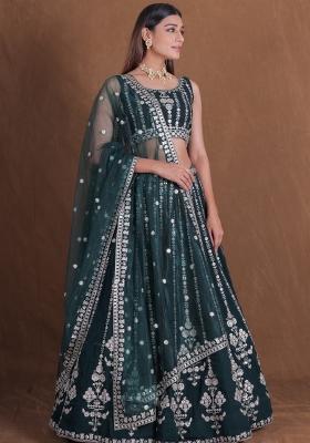 Green Embroidered Georgette Lehenga Set