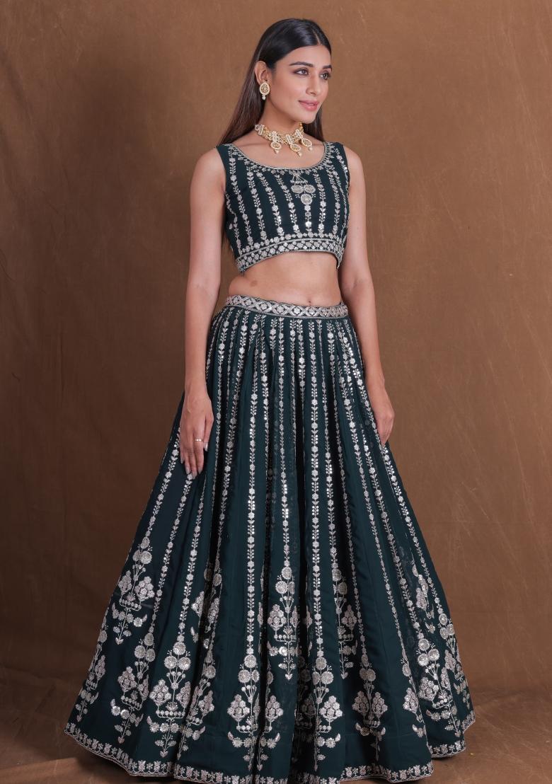 Green Embroidered Georgette Lehenga Set - Indya