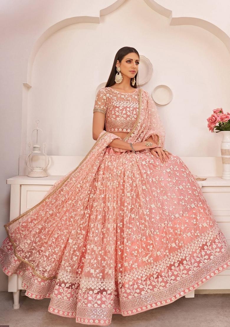 Pink Embroidered Net Lehenga Set - Indya