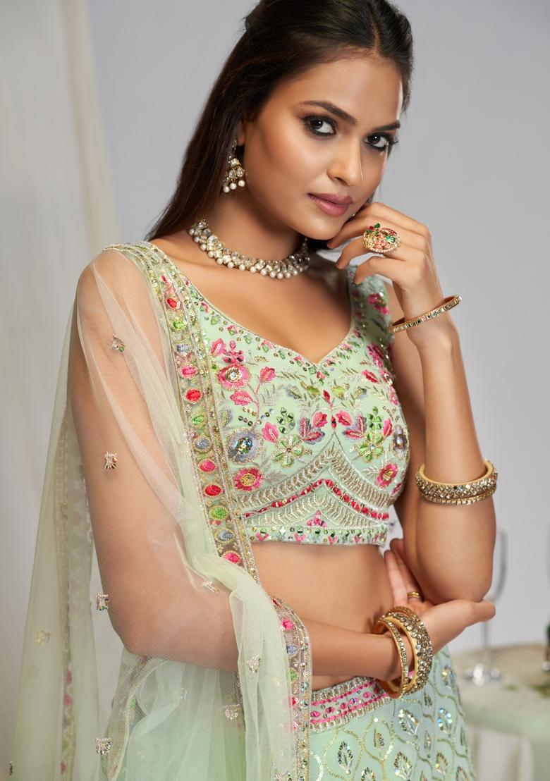 Pista Embroidered Georgette Lehenga Set - Indya
