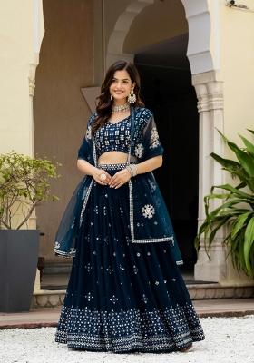 Teal Blue Embroidered Georgette Lehenga Set