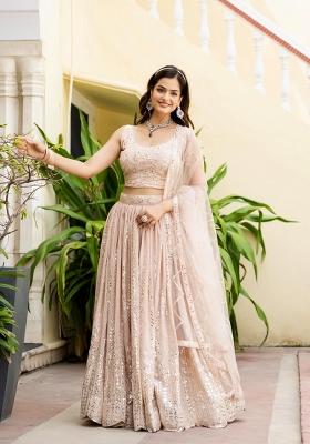 Peach Embroidered Georgette Lehenga Set