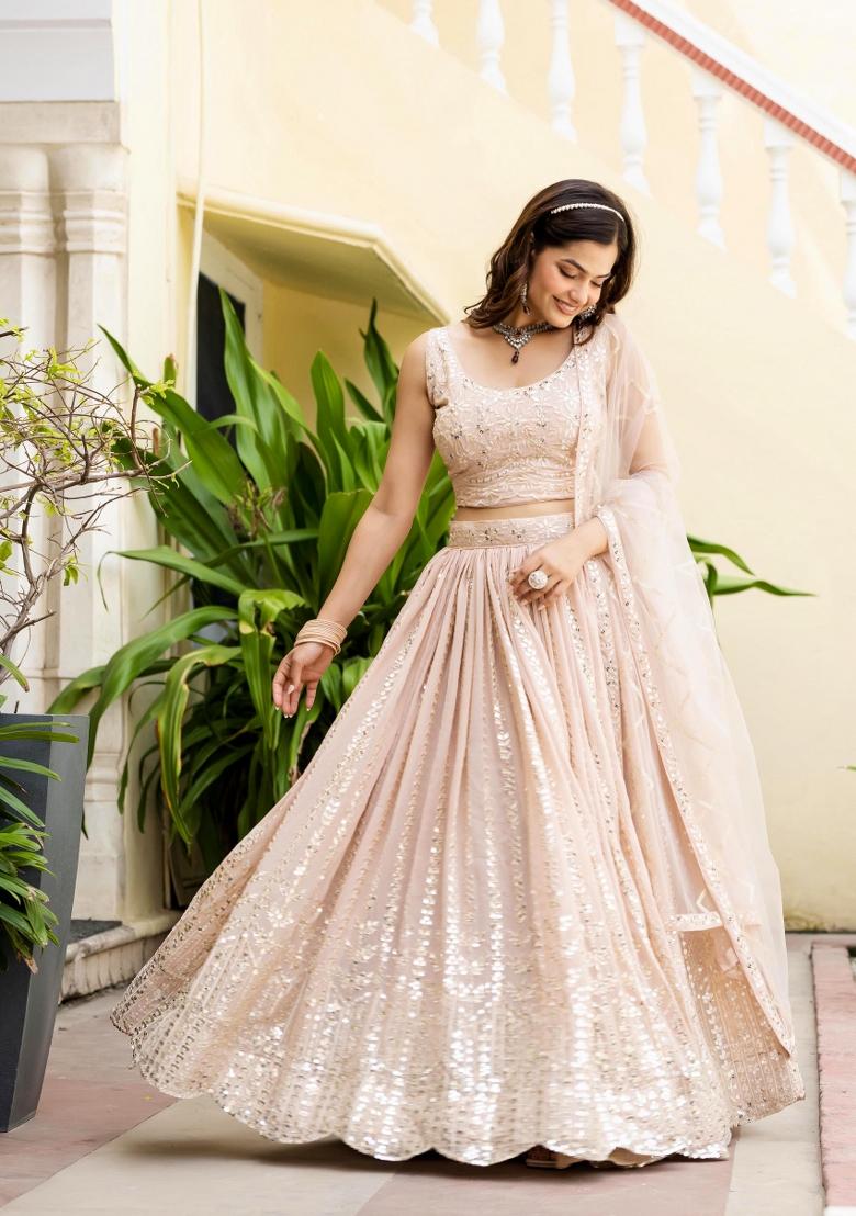 Peach Embroidered Georgette Lehenga Set - Indya