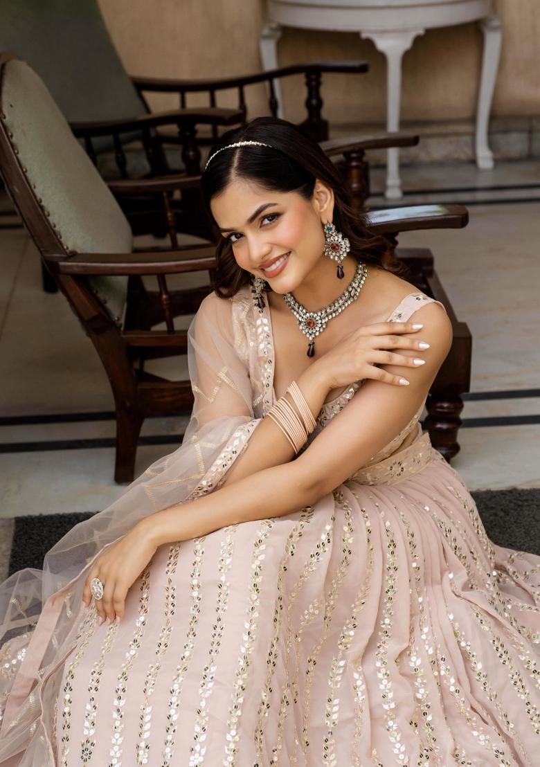 Peach Embroidered Georgette Lehenga Set - Indya