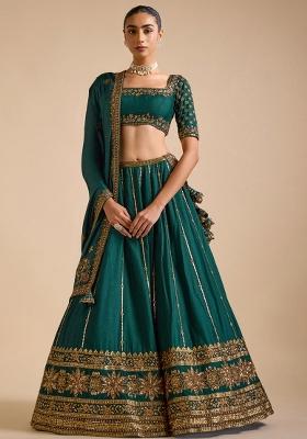 Green Embroidered Vichitra Lehenga Set