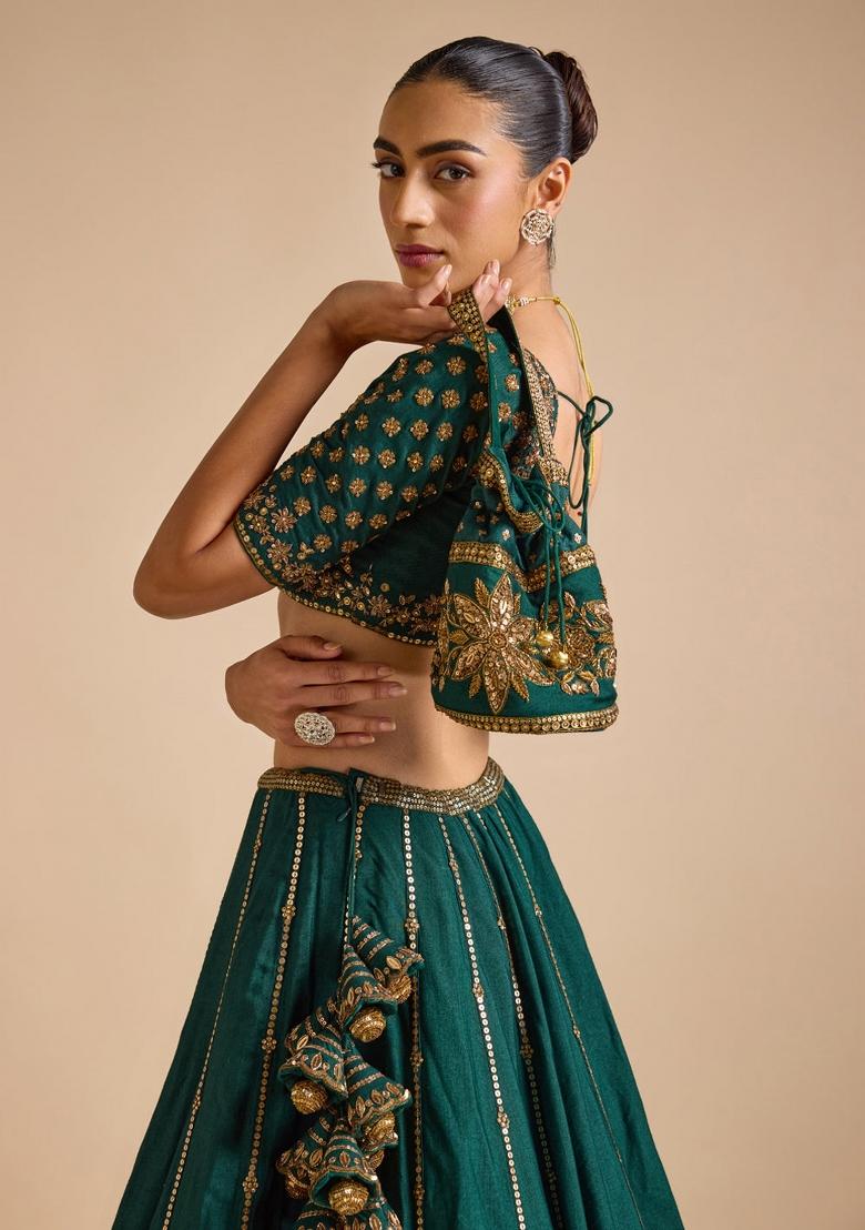 Green Embroidered Vichitra Lehenga Set - Indya