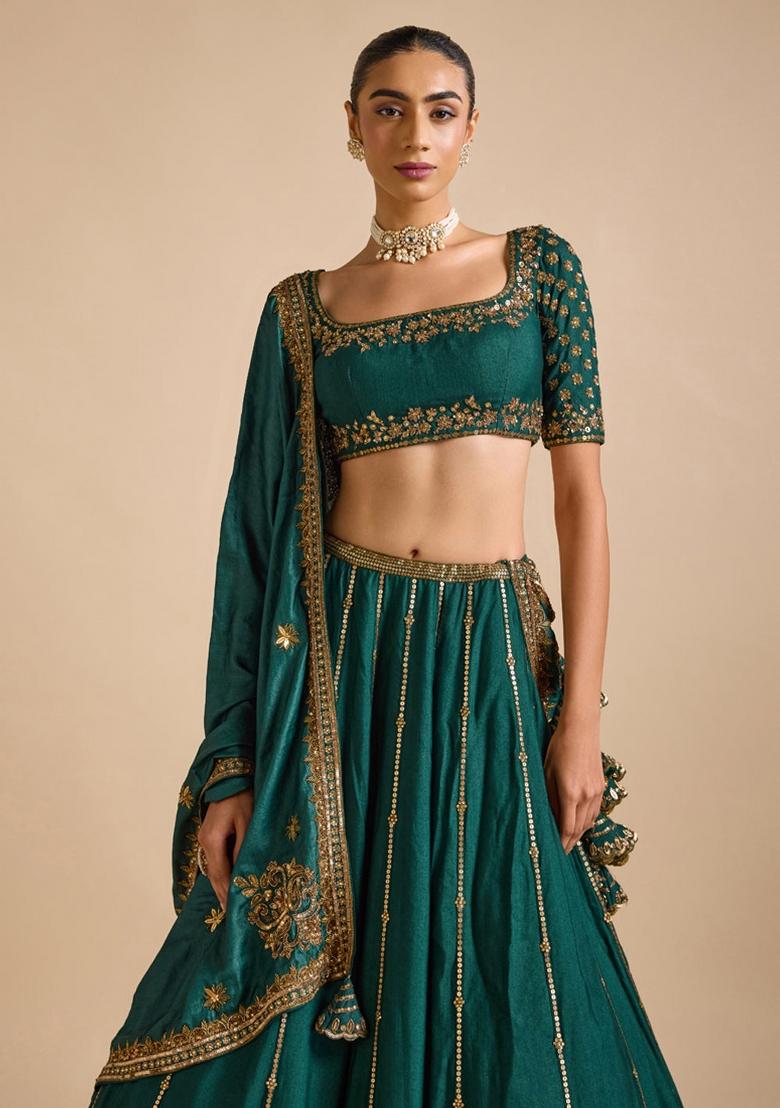 Green Embroidered Vichitra Lehenga Set - Indya