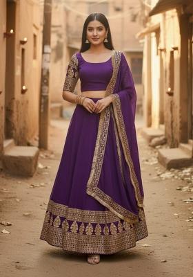 Purple Embroidered Georgette Lehenga Set