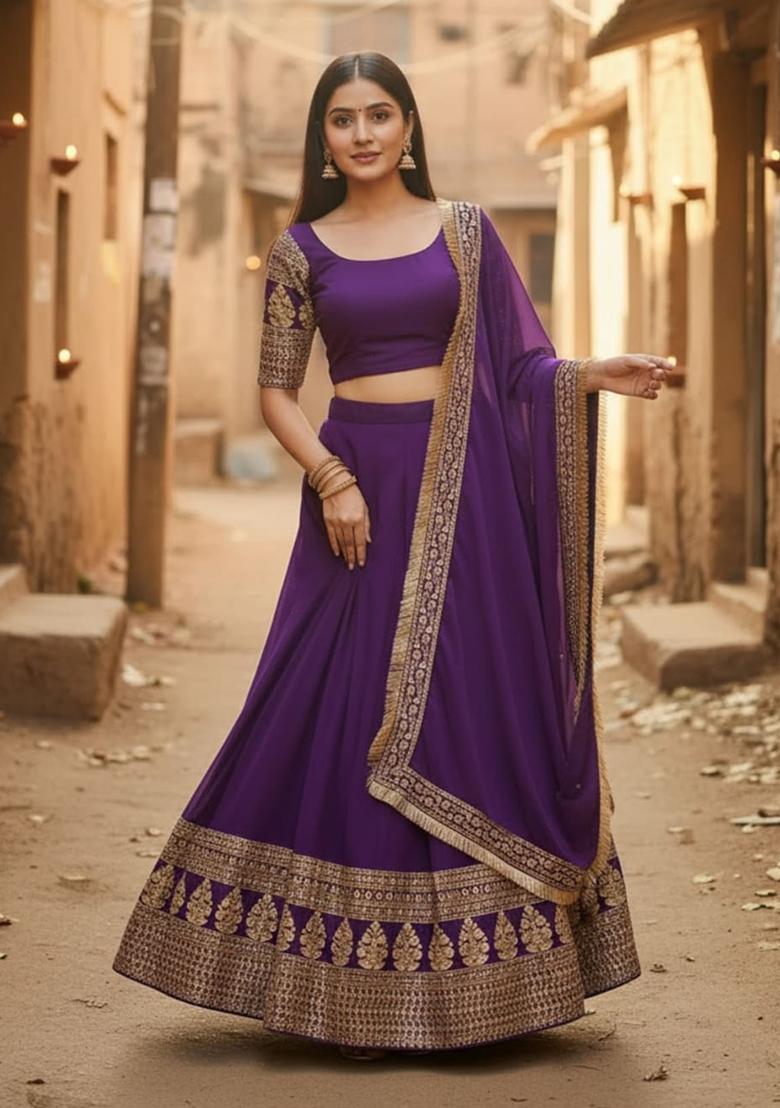 Purple Embroidered Georgette Lehenga Set - Indya