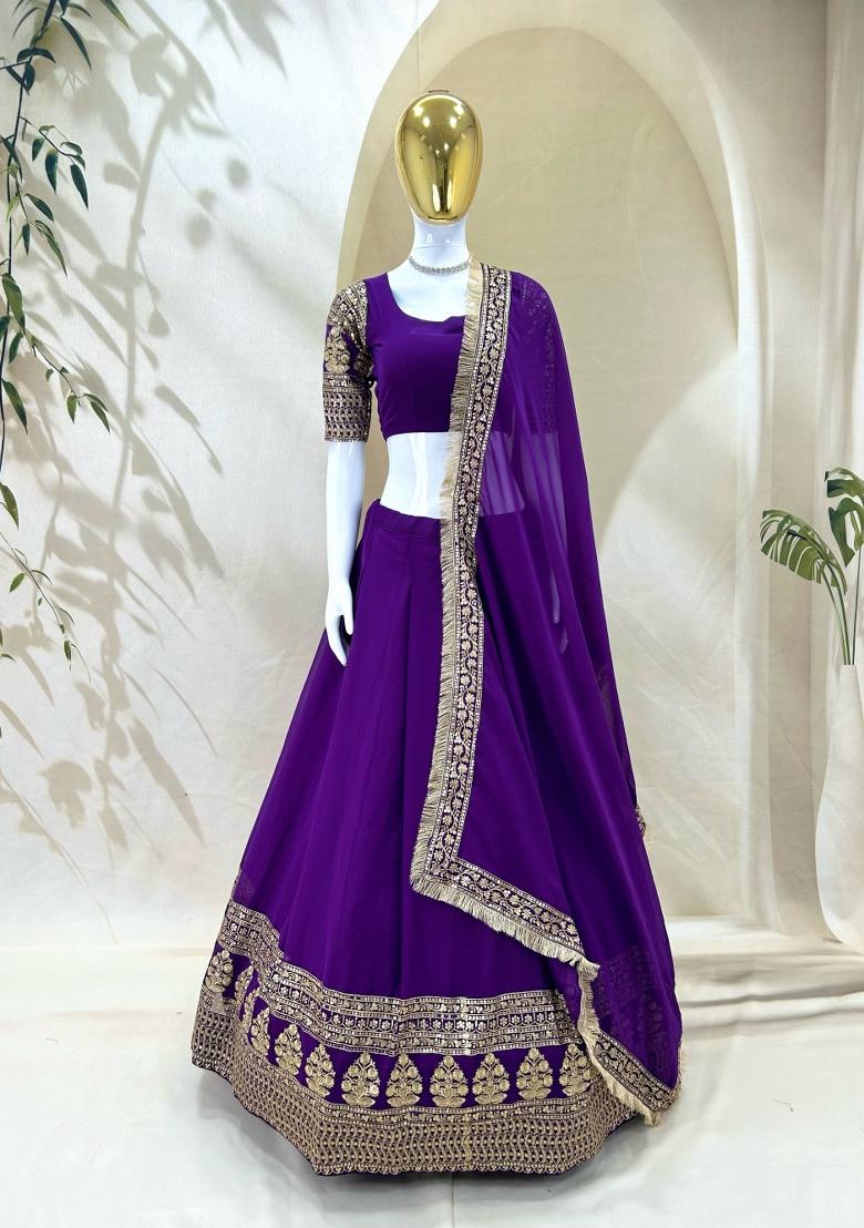 Purple Embroidered Georgette Lehenga Set - Indya