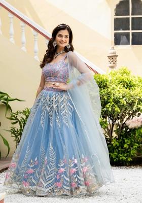 Sky Blue Embroidered Net Lehenga Set