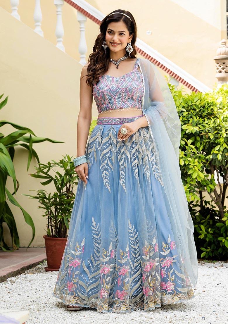 Sky Blue Embroidered Net Lehenga Set - Indya