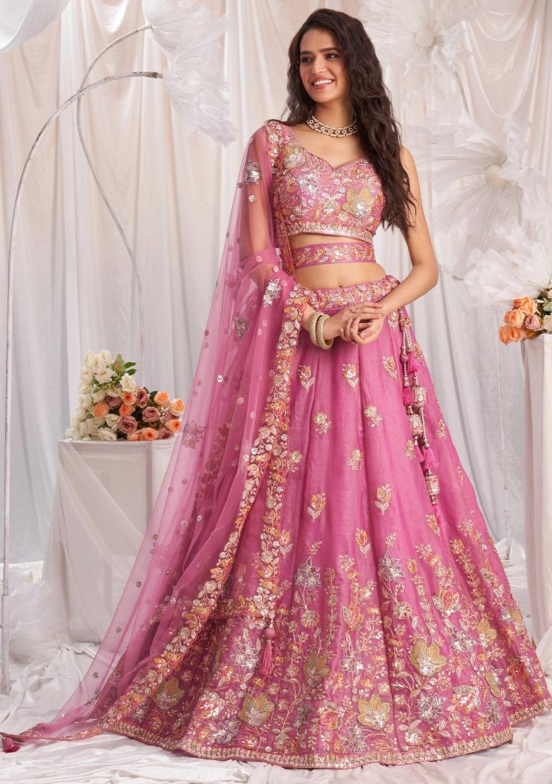 Pink Embroidered Fandi Lehenga Set - Indya