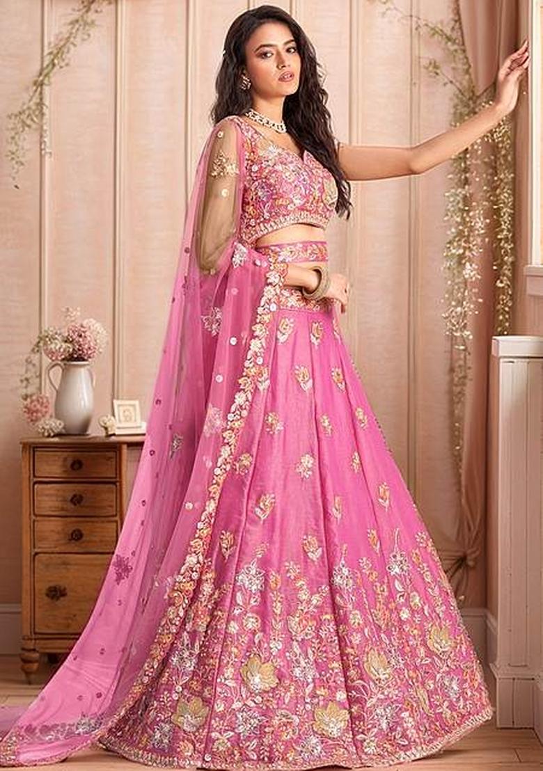 Pink Embroidered Fandi Lehenga Set - Indya