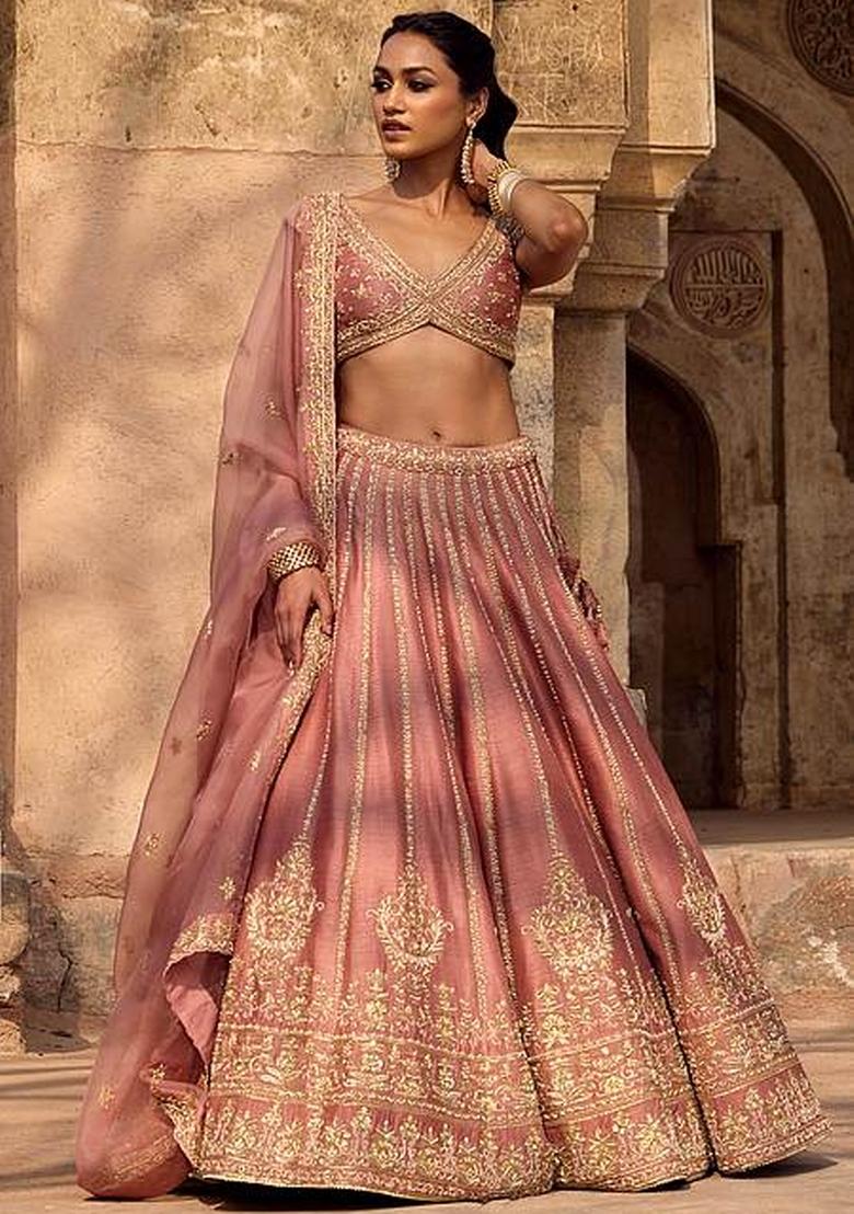 Pink Embroidered Lehenga Set - Indya