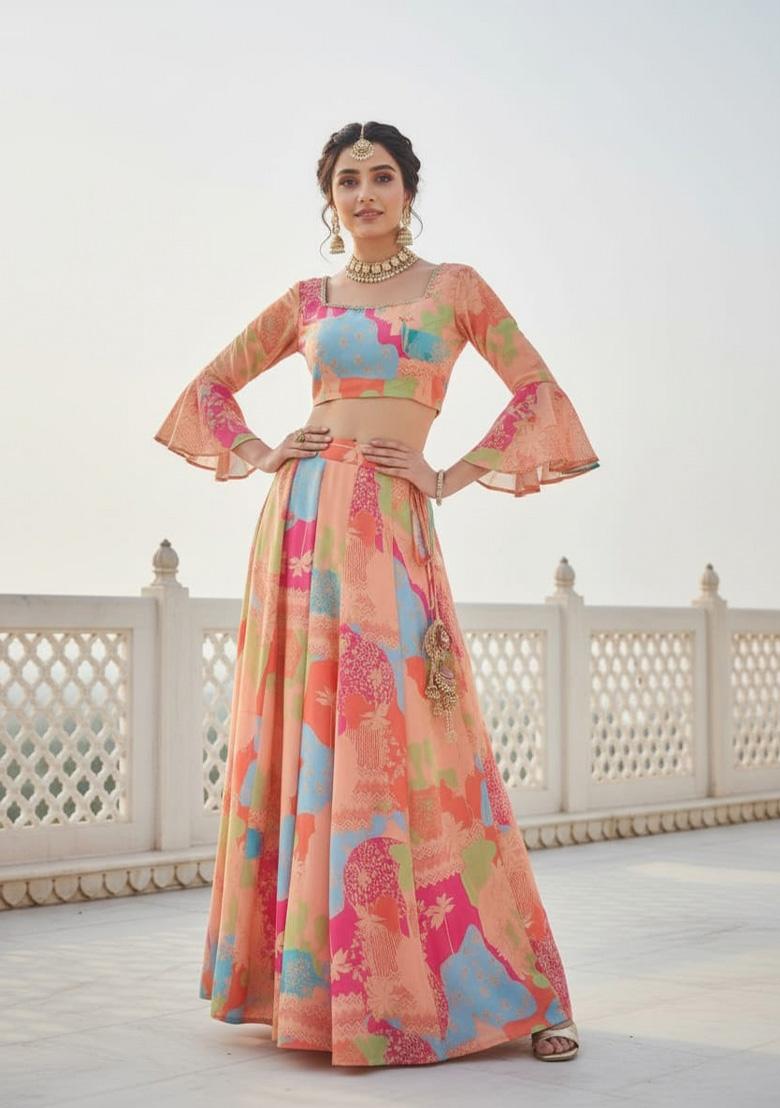 Peach Printed Georgette Lehenga Set - Indya