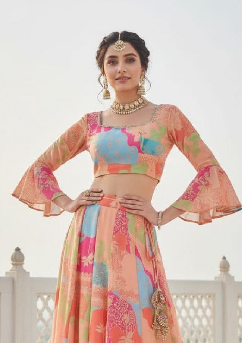 Peach Printed Georgette Lehenga Set - Indya