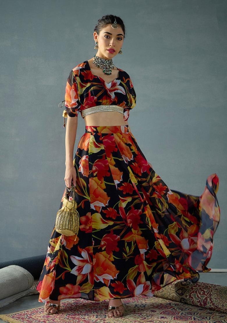 Multicolor Printed Georgette Lehenga Set - Indya