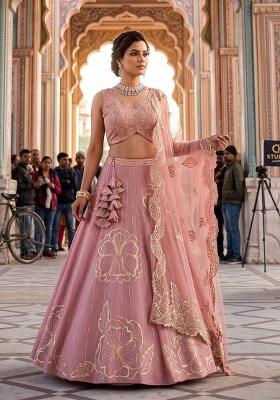 Peach Embroidered Lehenga Set