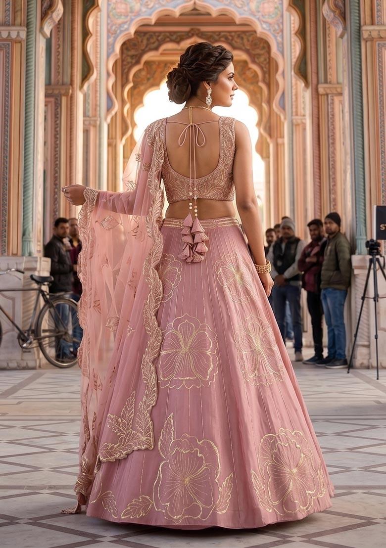 Peach Embroidered Lehenga Set - Indya