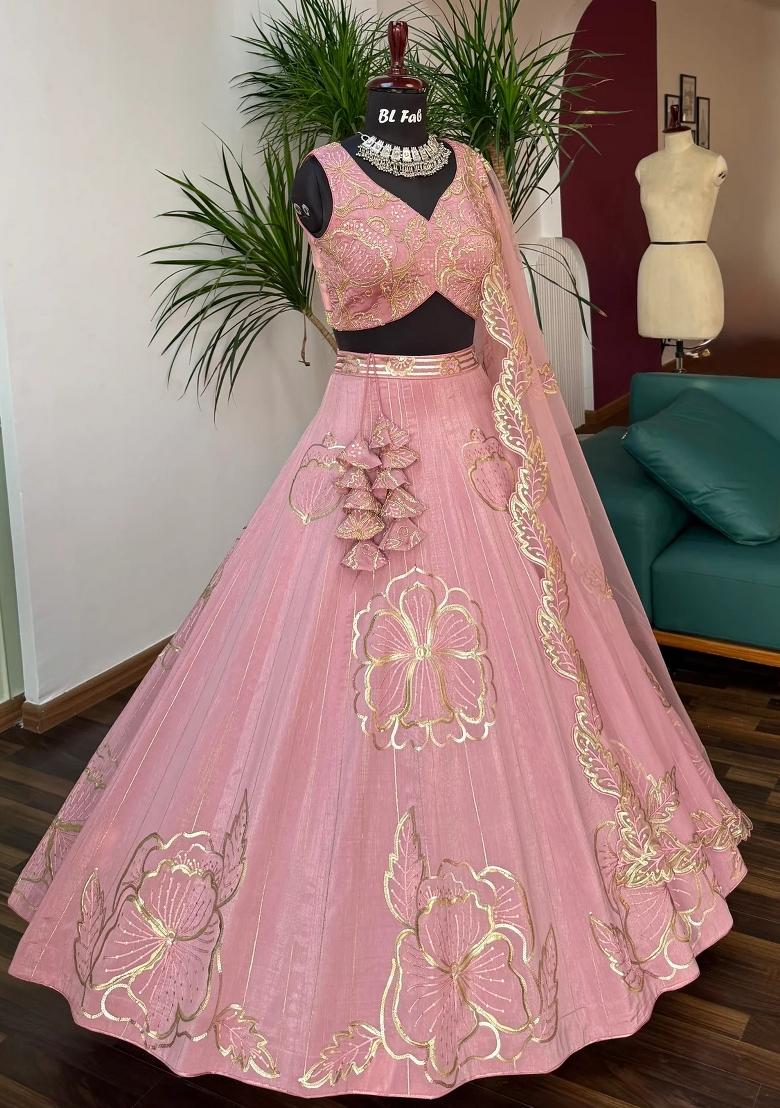 Peach Embroidered Lehenga Set - Indya