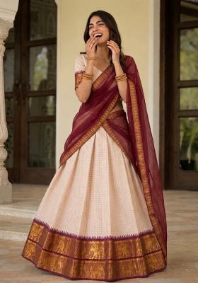 Beige Zari Work Cotton Lehenga Set