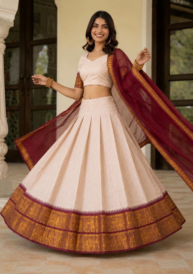 Beige Zari Work Cotton Lehenga Set - Indya