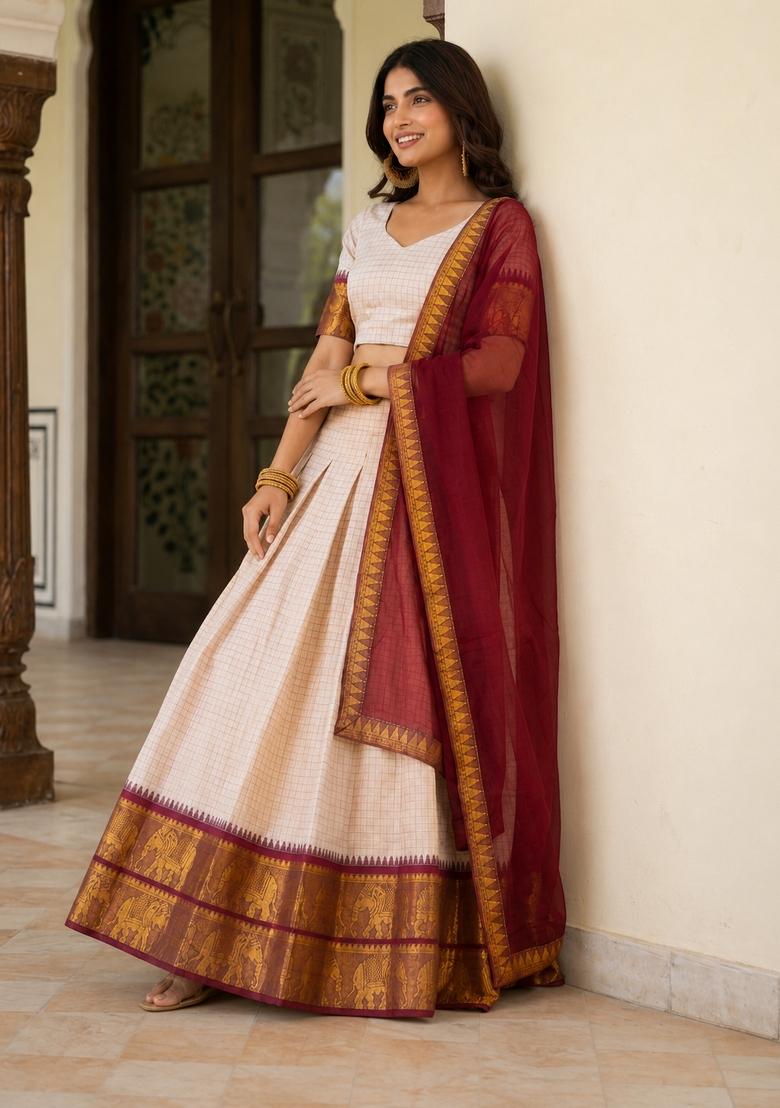 Beige Zari Work Cotton Lehenga Set - Indya