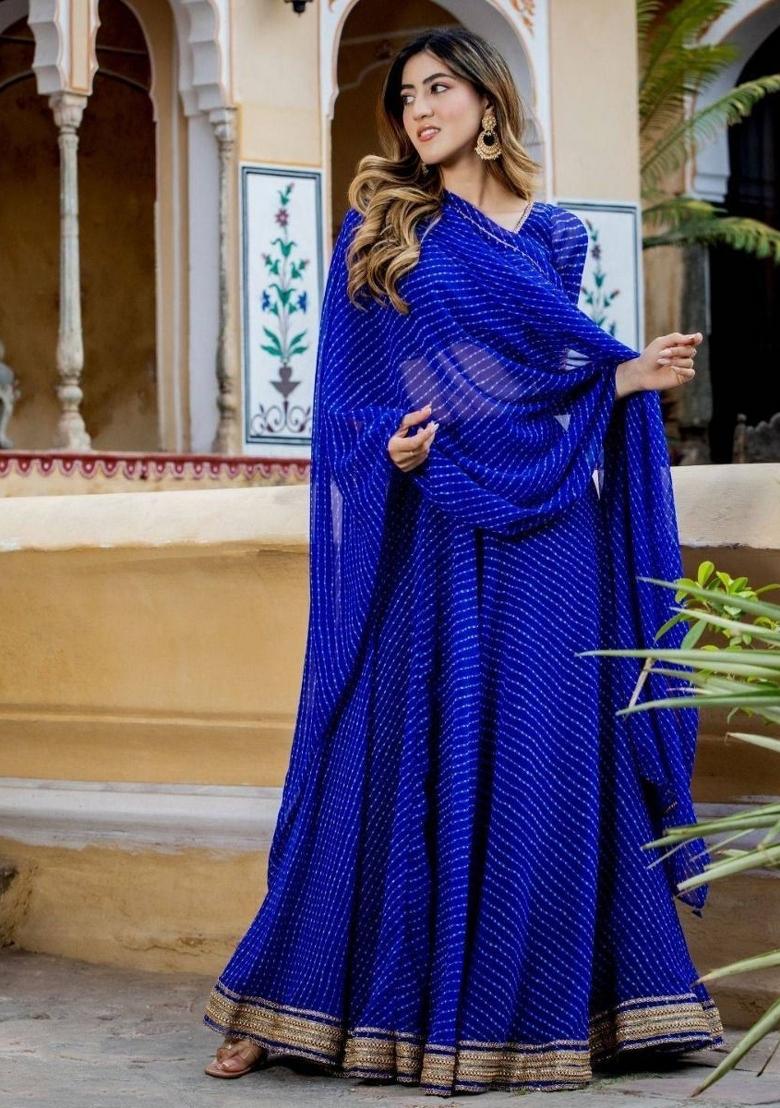 Royal Blue Printed Georgette Lehenga Set - Indya