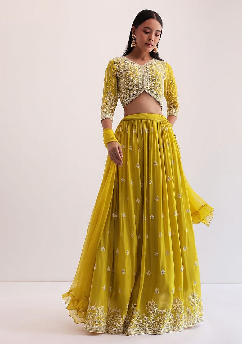 Yellow Embroidered Georgette Lehenga Set - Indya