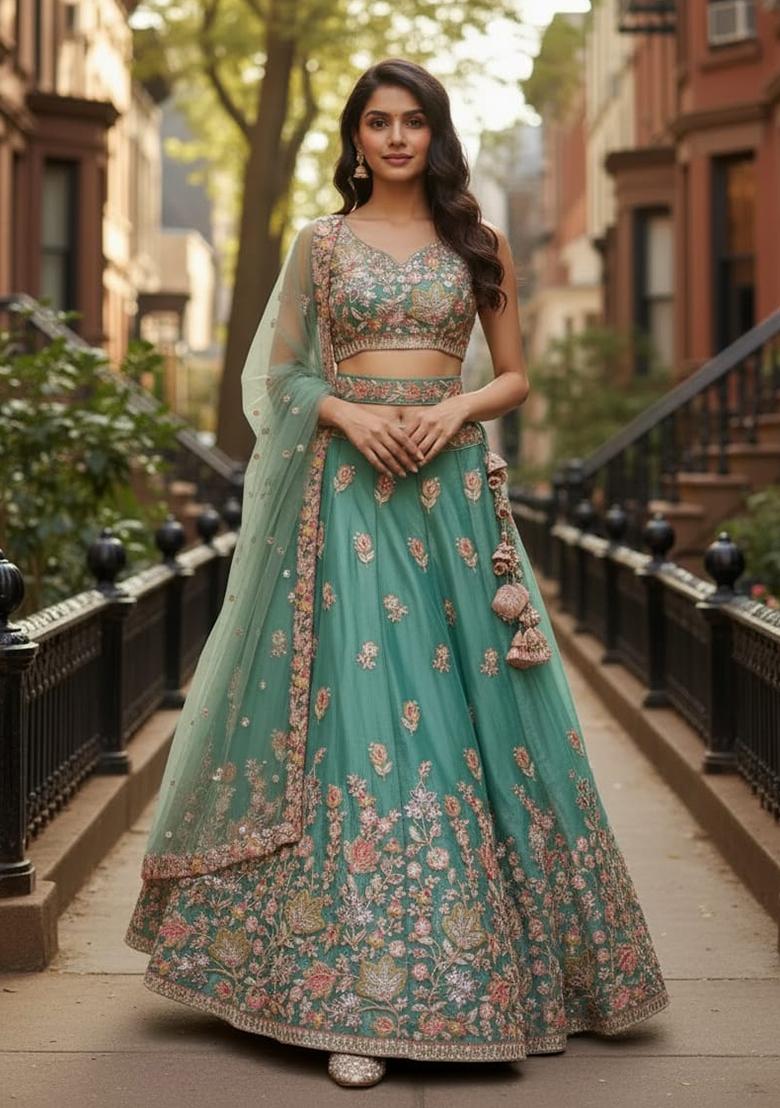 Sea Green Embroidered Fandi Lehenga Set - Indya