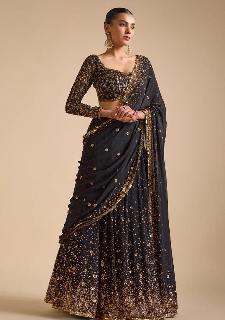 Black Embroidered Georgette Lehenga Set - Indya