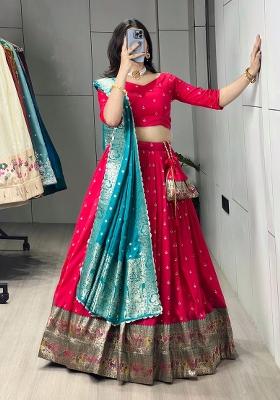 Firozi Floral Print Silk Lehenga Set
