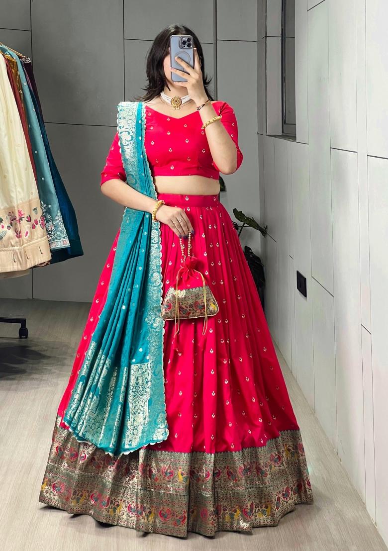 Firozi Floral Print Silk Lehenga Set - Indya